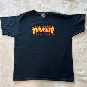 Thrasher Boys Black Tee with Orange Flame Logo SZ Large